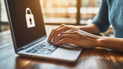 Woman focused on laptop with overlaid padlock icon concept of internet security, data protection, cybersecurity, and online privacy in digital age.