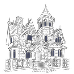 Black and white illustration of a Victorian gothic house isolated on white background