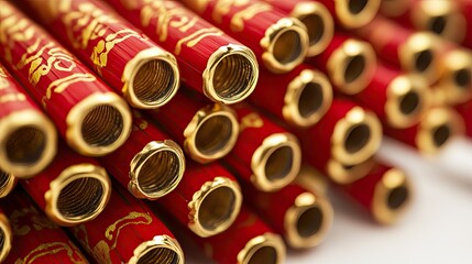 A collection of traditional red and gold firecrackers stacked neatly on white, symbolizing celebration.