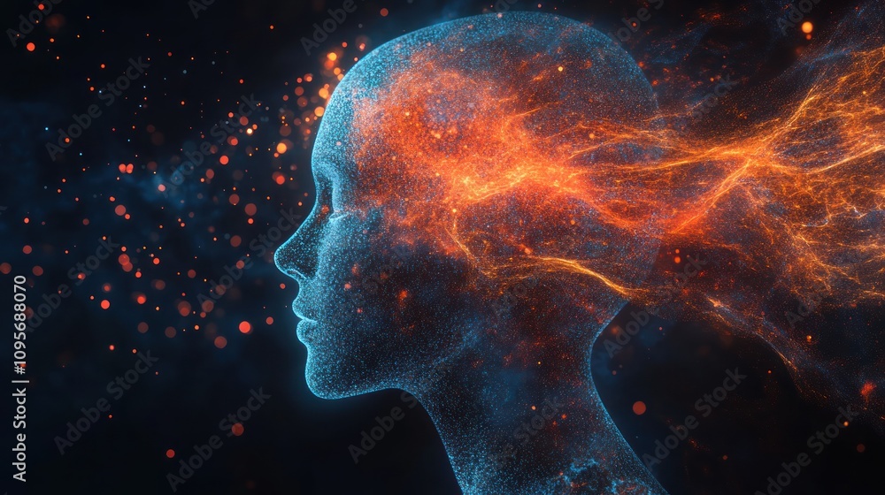 Poster a digital representation of a human head with colorful energy and particles emanating from it.