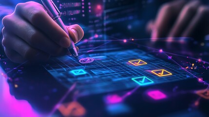 Approval stage of an application form with a digital stamp checkmarks and vibrant notification effects signifying smooth workflow and efficient user management 