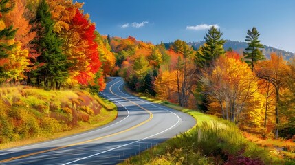A scenic highway winding through vibrant autumn foliage in Vermont, USA, with colorful trees lining the road under a clear blue sky.