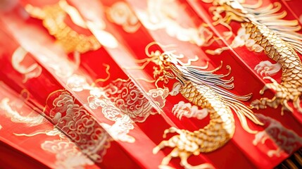 Bright red paper fan with gold dragon pattern, neatly arranged on white background.