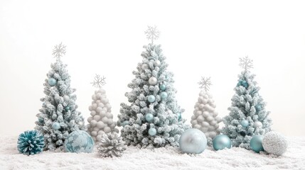 Fototapeta premium Christmas tree with a frozen, frosty look and icy decorations, isolated on a white background for a winter wonderland theme
