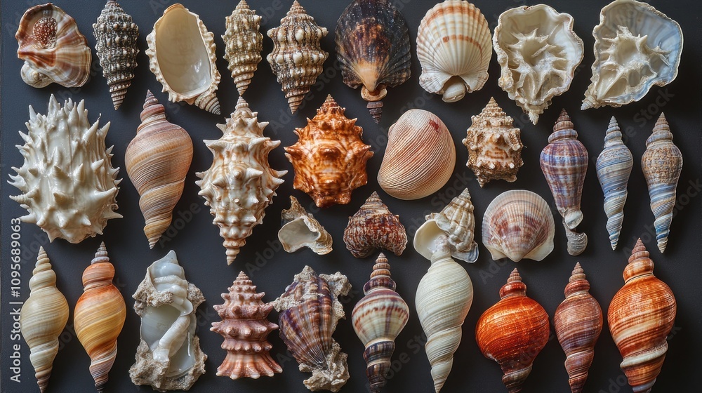 Aufkleber a collection of various sea shells displayed on a dark background.