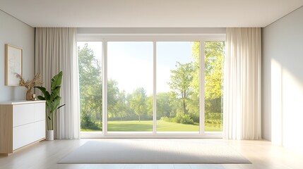 Fototapeta premium Bright living room with large windows sunny outdoor views contemporary style tranquil setting