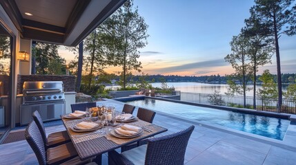 Fototapeta premium Lakeside luxury patio dining.