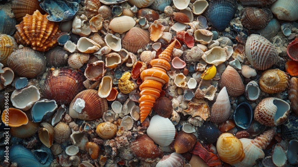 Aufkleber a colorful collection of various seashells scattered on a surface.