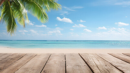 Fototapeta premium Tropical Beach Panorama with Wooden Platform and Palm Trees