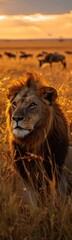 Fototapeta premium Lion laying in the grass with other animals in the background, animal background