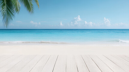 Naklejka premium Tropical Beach Panorama with Wooden Platform and Palm Trees