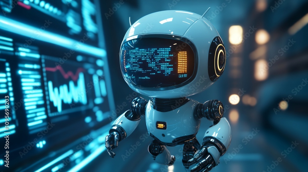 Aufkleber futuristic robot analyzes data on a digital screen.