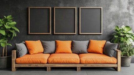 Orange couch with three frames.