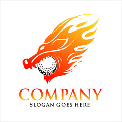 A logo combining a golf ball and a fire dragon.