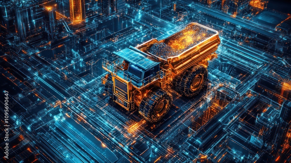 Poster a digital rendering of a mining truck within a futuristic, glowing circuit environment.