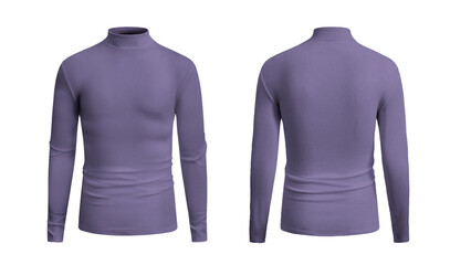 It depicts a purple ribbed turtleneck longsleeve shirt front and back.