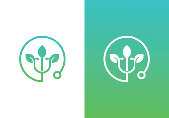 Mental health line icon. Psychotherapy and stethoscope symbol concept with green leaves isolated on white and green background. Vector illustration