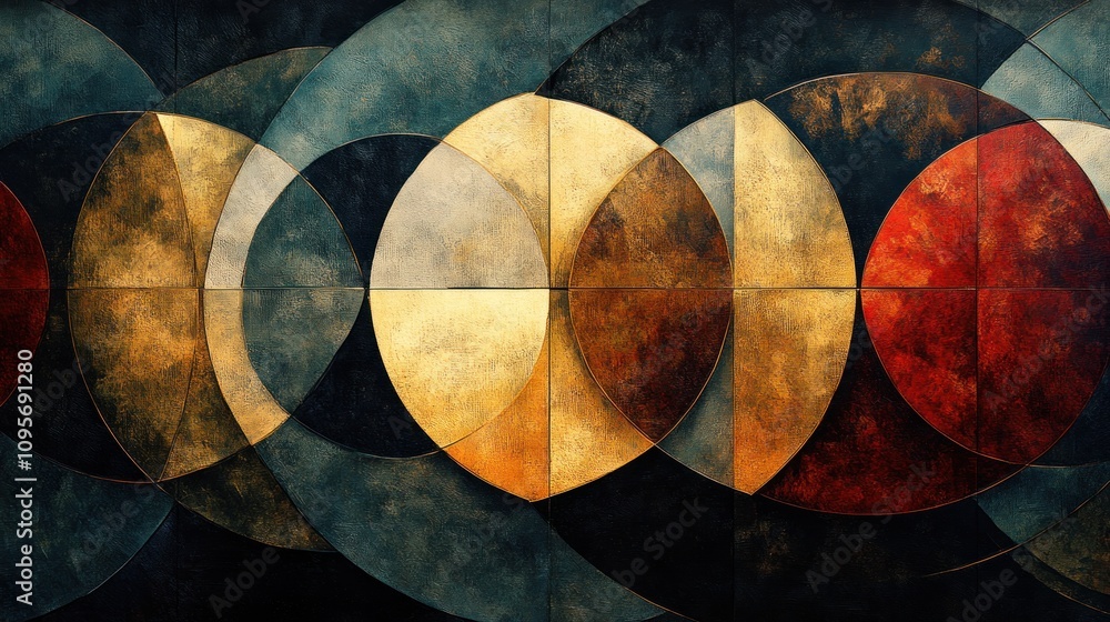 Poster abstract artwork featuring overlapping circles in warm tones and textured backgrounds.