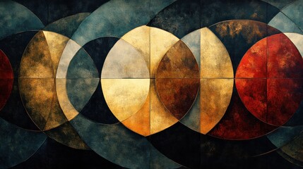 Abstract artwork featuring overlapping circles in warm tones and textured backgrounds.