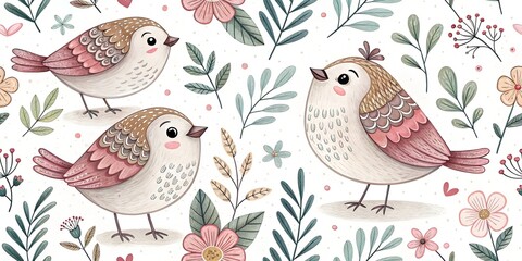 Hand drawn seamless pattern with hand drawn cute birdhouses and cute birds on white background, concept bird protection, bird day, spring arrival, for printing on packages and fabric.