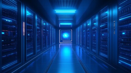 Futuristic server room corridor with glowing blue lights and data center racks.