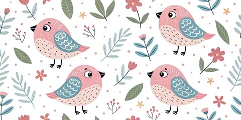 Hand drawn seamless pattern with hand drawn cute birdhouses and cute birds on white background, concept bird protection, bird day, spring arrival, for printing on packages and fabric.