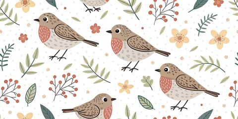 Obraz premium Hand drawn seamless pattern with hand drawn cute birdhouses and cute birds on white background, concept bird protection, bird day, spring arrival, for printing on packages and fabric.