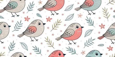 Fototapeta premium Hand drawn seamless pattern with hand drawn cute birdhouses and cute birds on white background, concept bird protection, bird day, spring arrival, for printing on packages and fabric.