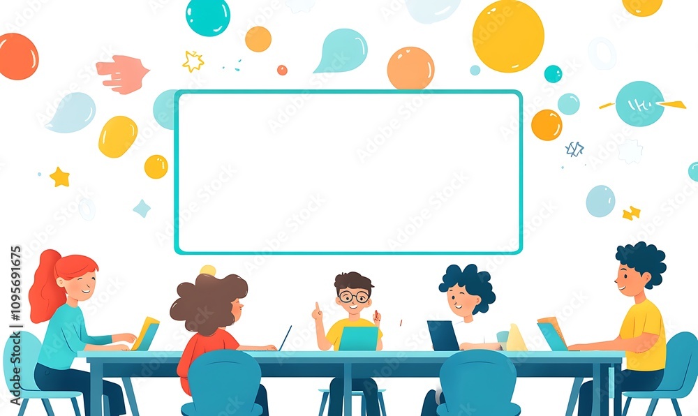 Poster a colorful illustration of a group collaborating around a table with laptops and a blank screen.