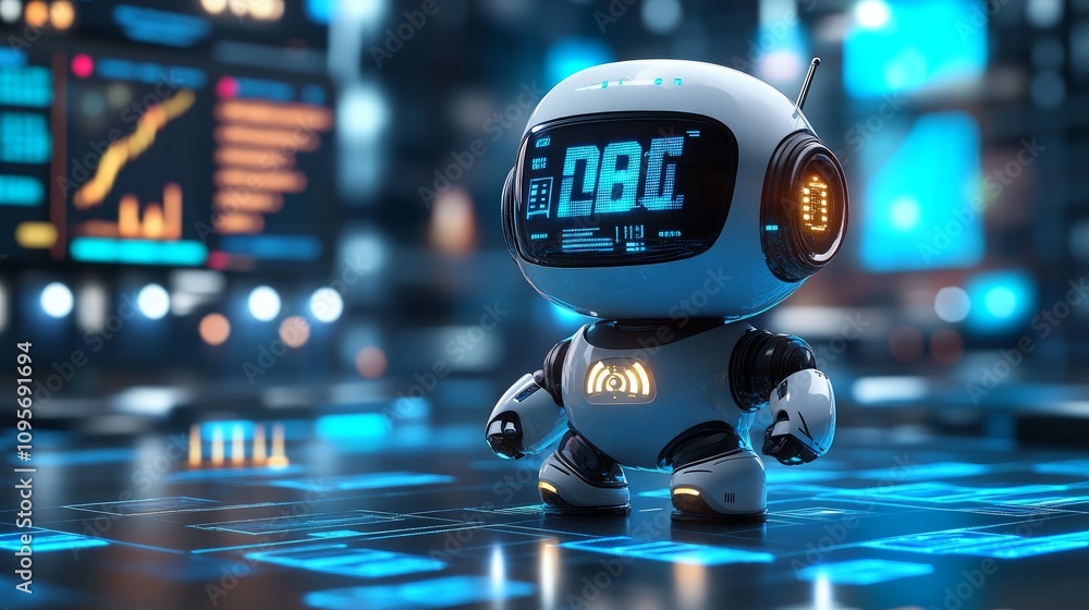 Poster futuristic small robot on digital interface.