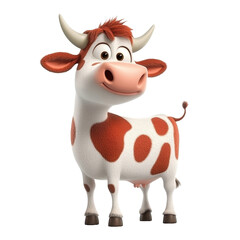 A cheerful cartoon cow with red patches stands happily