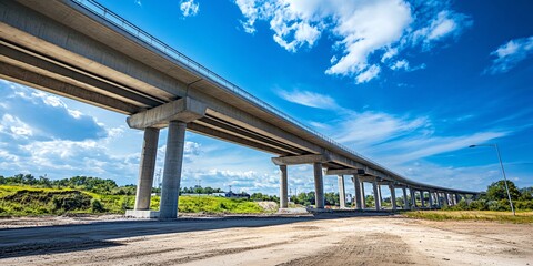 modern highway overpass against a vibrant blue sky with scenic white clouds.