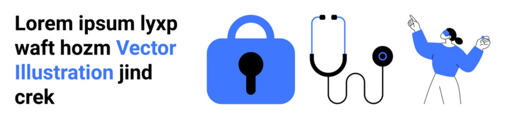 Blue lock symbolizing security next to a black and white stethoscope representing healthcare, accompanied by a person gesturing. Ideal for tech security, healthcare, online education, medical apps