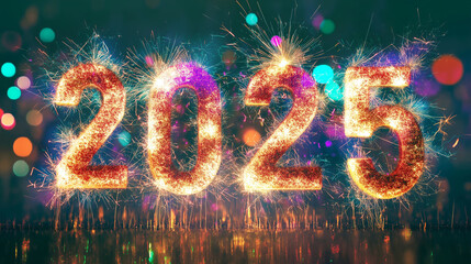 2025 New Year Celebration fireworks typography text luminous vibrant bokeh photograph