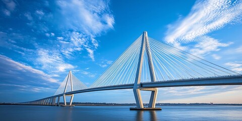 Naklejka premium modern highway overpass against a vibrant blue sky with scenic white clouds.