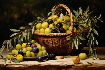 Fresh Olives in a basket. Olive fruit