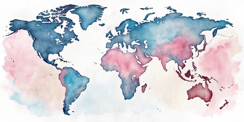 Artistic Watercolor World Map in Blue and Pink Hues