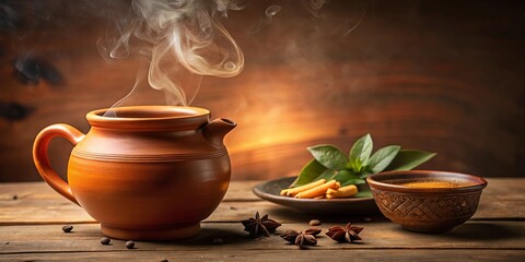 Aromatic Steaming Beverage in Rustic Clay Pot with Spices