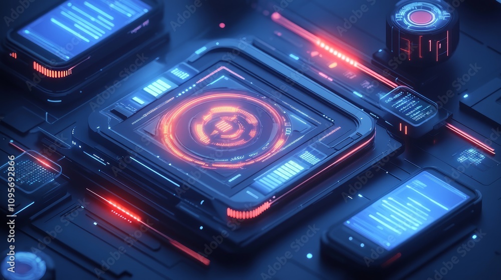 Poster futuristic tech interface with glowing elements and digital devices.