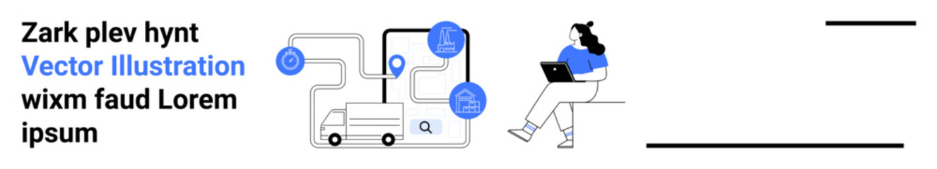 Modern technology showcasing planning and navigation tools, remote work setup with a laptop, route map, location pins, gears, and user figure. Ideal for remote work, planning, tech solutions