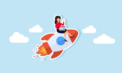 A businesswoman holding a laptop sits on a rocket flying into the sky, illustration of designing and analyzing a startup business to compete with competitors