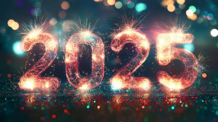 2025 New Year Celebration fireworks typography text luminous vibrant bokeh photograph