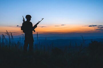 A soldier stands silhouetted against a vibrant sunset, symbolizing strength and vigilance.