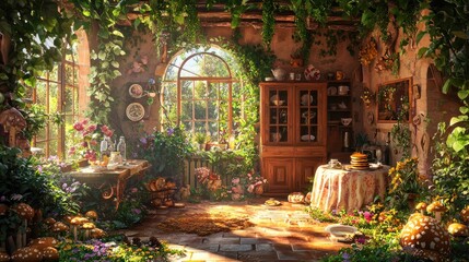 Obraz premium Create an image of a cozy cottage that embodies the feeling of home and happiness. The scene should be bathed in warm, golden 