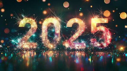 2025 New Year Celebration fireworks typography text luminous vibrant bokeh photograph