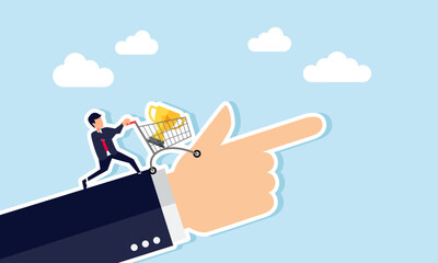 A businessman pushes a cart with a trophy on a hand pointing in a direction, illustration of guidelines for targeting top business achievements and awards