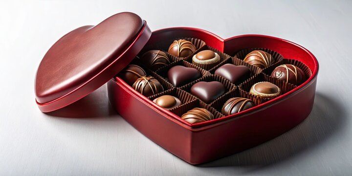 A heart-shaped box overflowing with assorted chocolates, a delightful assortment of milk and dark chocolate confections, perfect for a romantic gesture or special occasion.