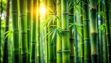 Obraz premium Lush Green Bamboo Forest at Sunrise Vibrant Stalks and Fresh Leaves Bathed in Golden Light