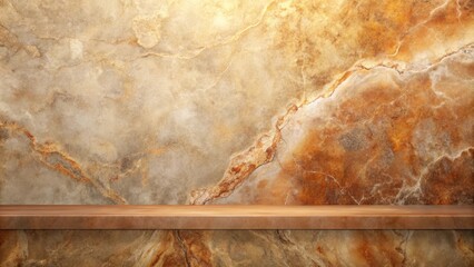 Empty wooden shelf against a textured stone wall background perfect for product display or design presentations