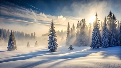 Serene Winter Sunrise in a Snow-Covered Forest with Majestic Evergreens